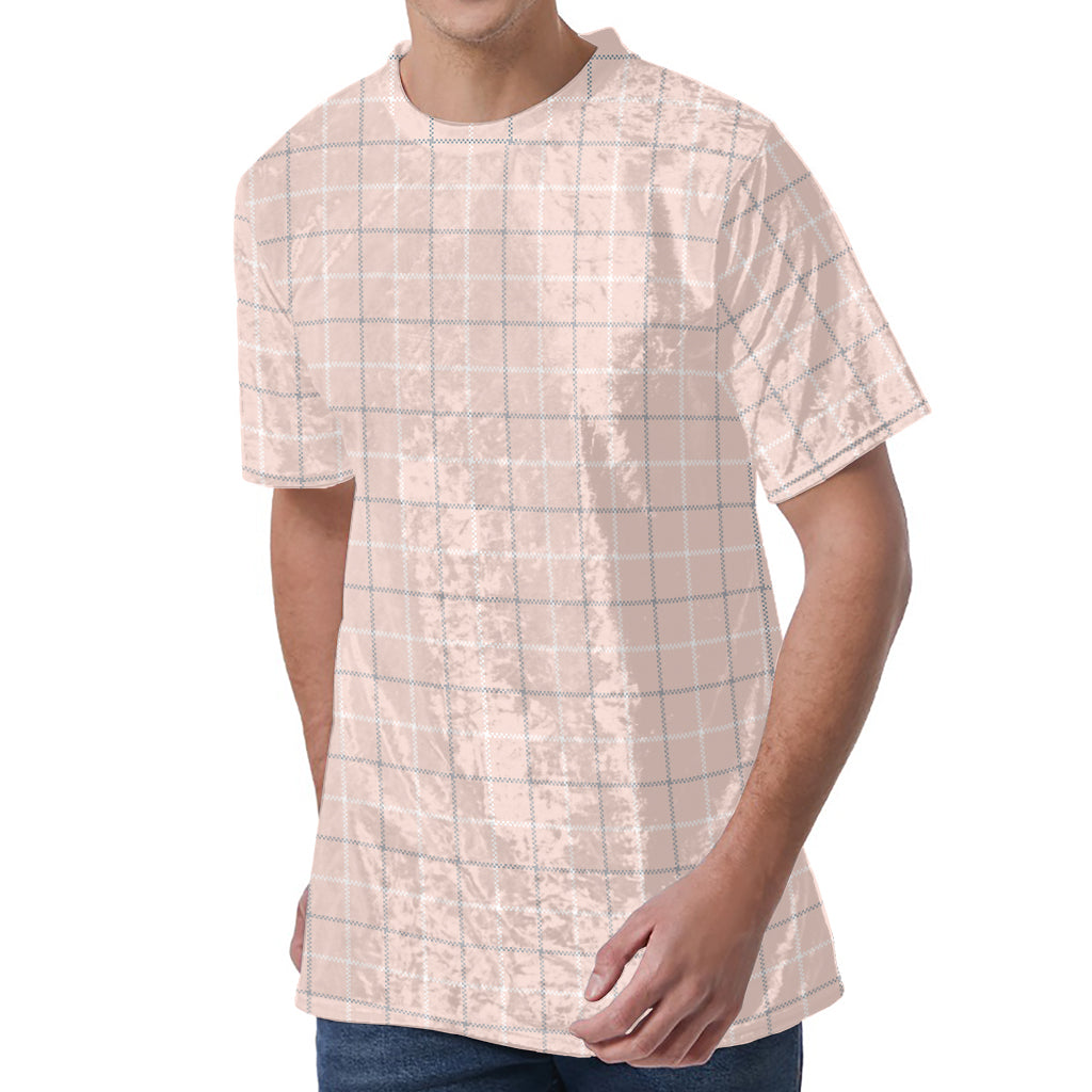 Pastel Pink Tattersall Pattern Print Men's Velvet T-Shirt