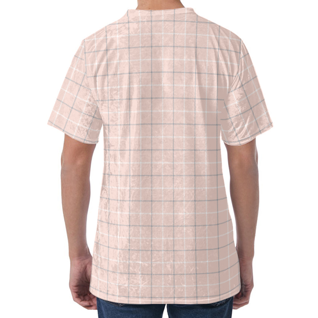 Pastel Pink Tattersall Pattern Print Men's Velvet T-Shirt