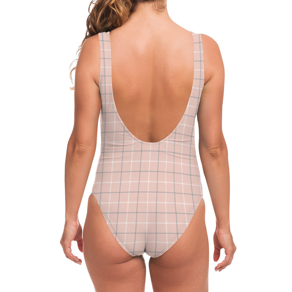 Pastel Pink Tattersall Pattern Print One Piece Swimsuit