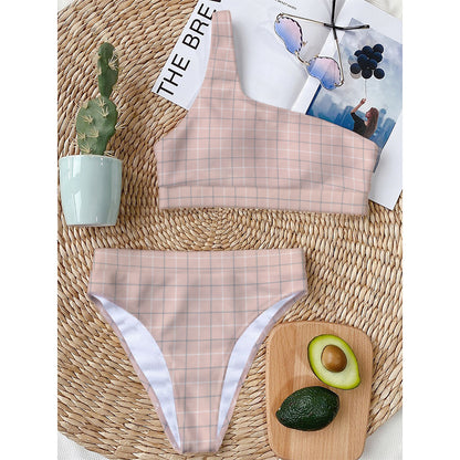 Pastel Pink Tattersall Pattern Print One Shoulder Bikini Top