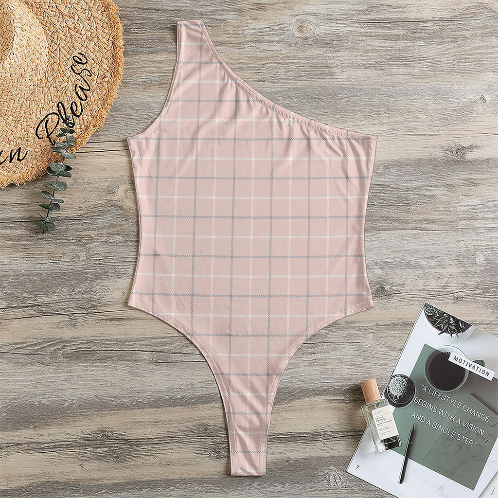 Pastel Pink Tattersall Pattern Print One Shoulder Bodysuit