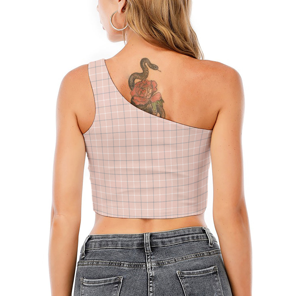 Pastel Pink Tattersall Pattern Print One Shoulder Crop Top