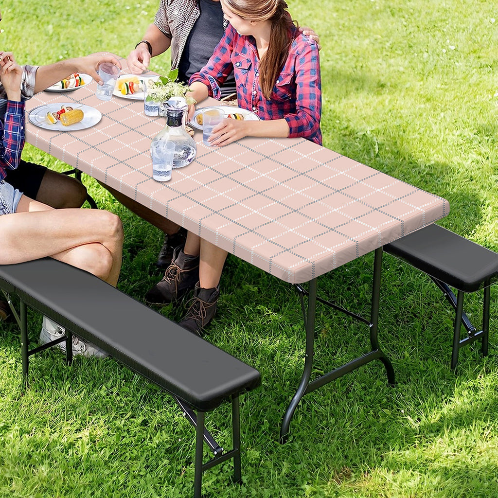 Pastel Pink Tattersall Pattern Print Picnic Table Cover