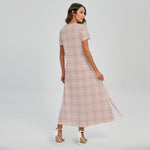 Pastel Pink Tattersall Pattern Print Short Sleeve Maxi Dress