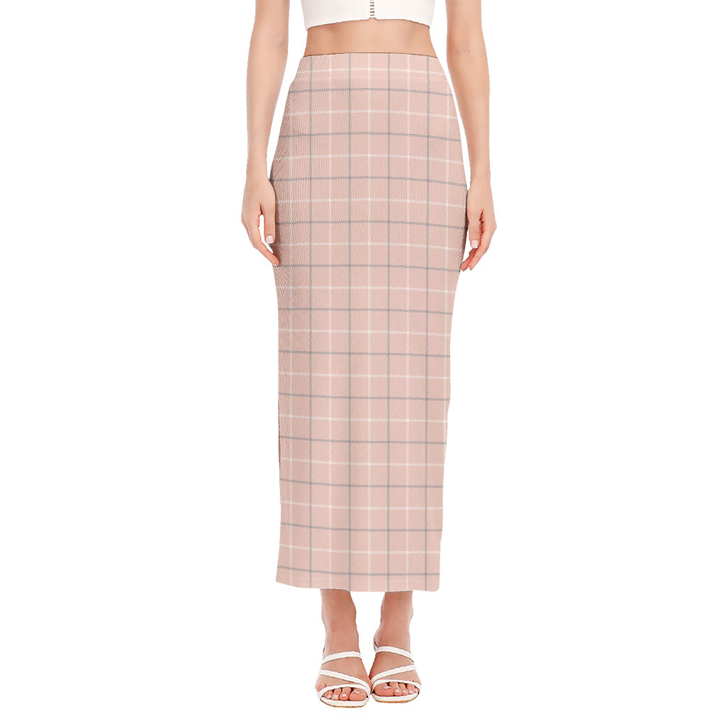 Pastel Pink Tattersall Pattern Print Side Slit Maxi Skirt