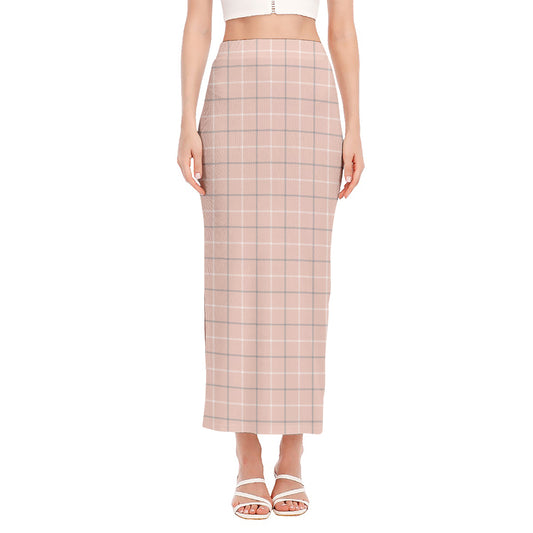 Pastel Pink Tattersall Pattern Print Side Slit Maxi Skirt