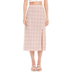 Pastel Pink Tattersall Pattern Print Side Slit Midi Skirt