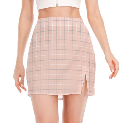 Pastel Pink Tattersall Pattern Print Side Slit Mini Skirt