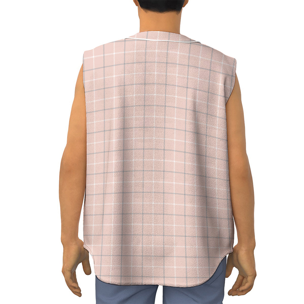 Pastel Pink Tattersall Pattern Print Sleeveless Baseball Jersey