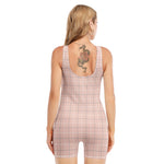 Pastel Pink Tattersall Pattern Print Sleeveless One Piece Swimsuit