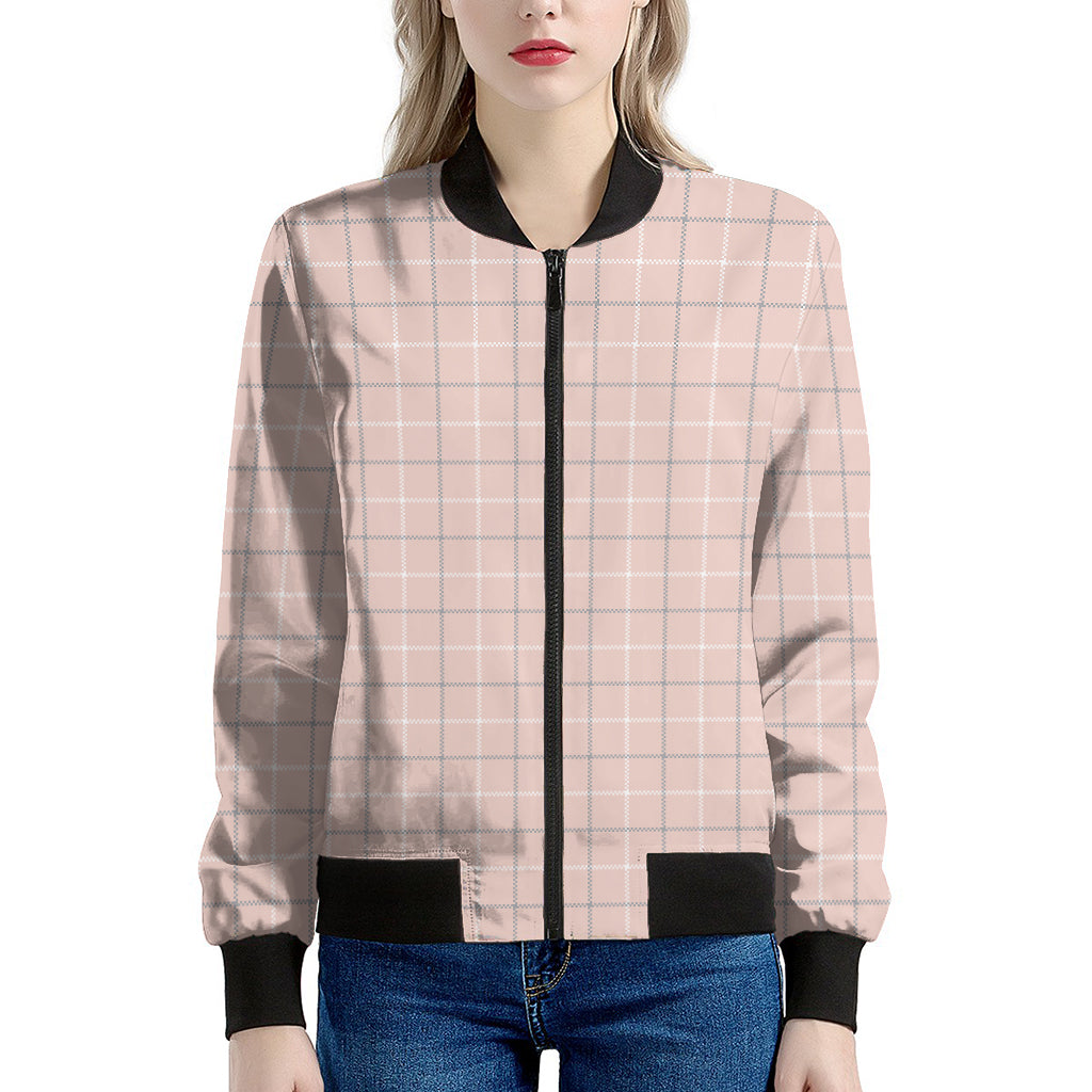 Pastel Pink Tattersall Pattern Print Women's Bomber Jacket