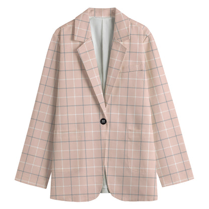 Pastel Pink Tattersall Pattern Print Women's Cotton Blazer