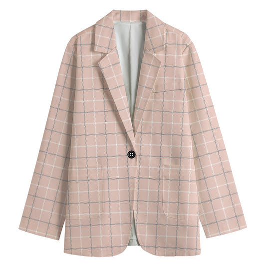 Pastel Pink Tattersall Pattern Print Women's Cotton Blazer