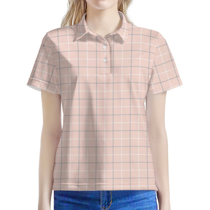 Pastel Pink Tattersall Pattern Print Women's Polo Shirt