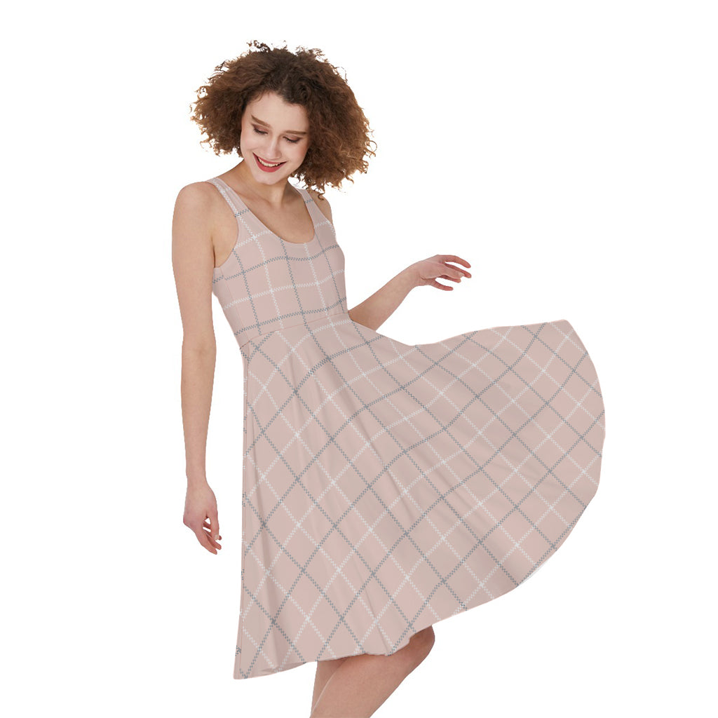 Pastel Pink Tattersall Pattern Print Women's Sleeveless Dress