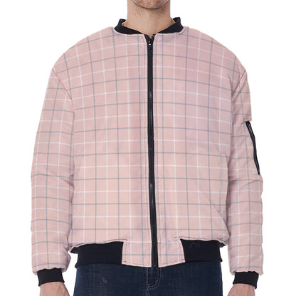 Pastel Pink Tattersall Pattern Print Zip Sleeve Bomber Jacket