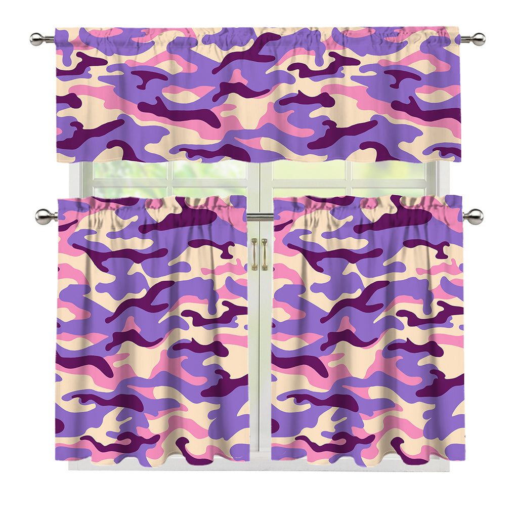 Pastel Purple Camouflage Print 3 Piece Kitchen Curtains