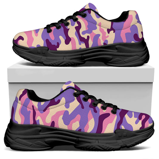 Pastel Purple Camouflage Print Black Chunky Shoes