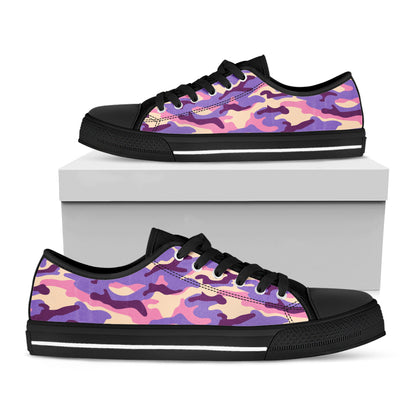 Pastel Purple Camouflage Print Black Low Top Sneakers