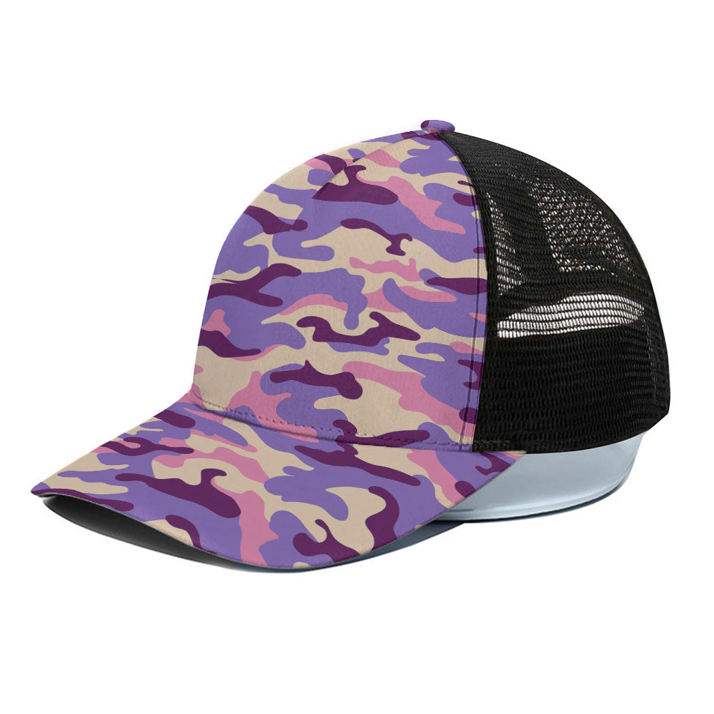 Pastel Purple Camouflage Print Black Mesh Trucker Cap