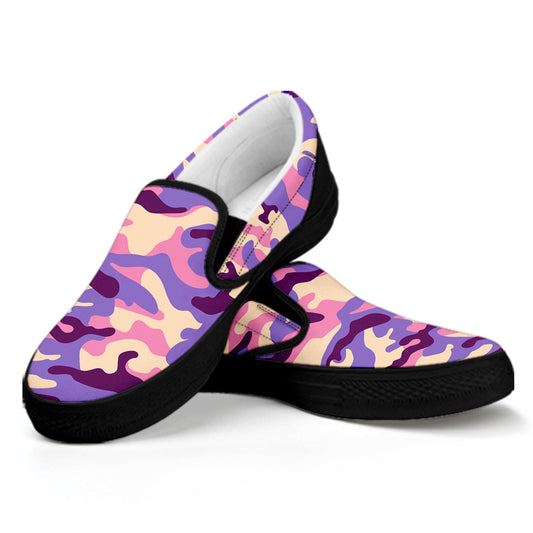 Pastel Purple Camouflage Print Black Slip On Sneakers
