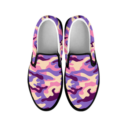 Pastel Purple Camouflage Print Black Slip On Sneakers