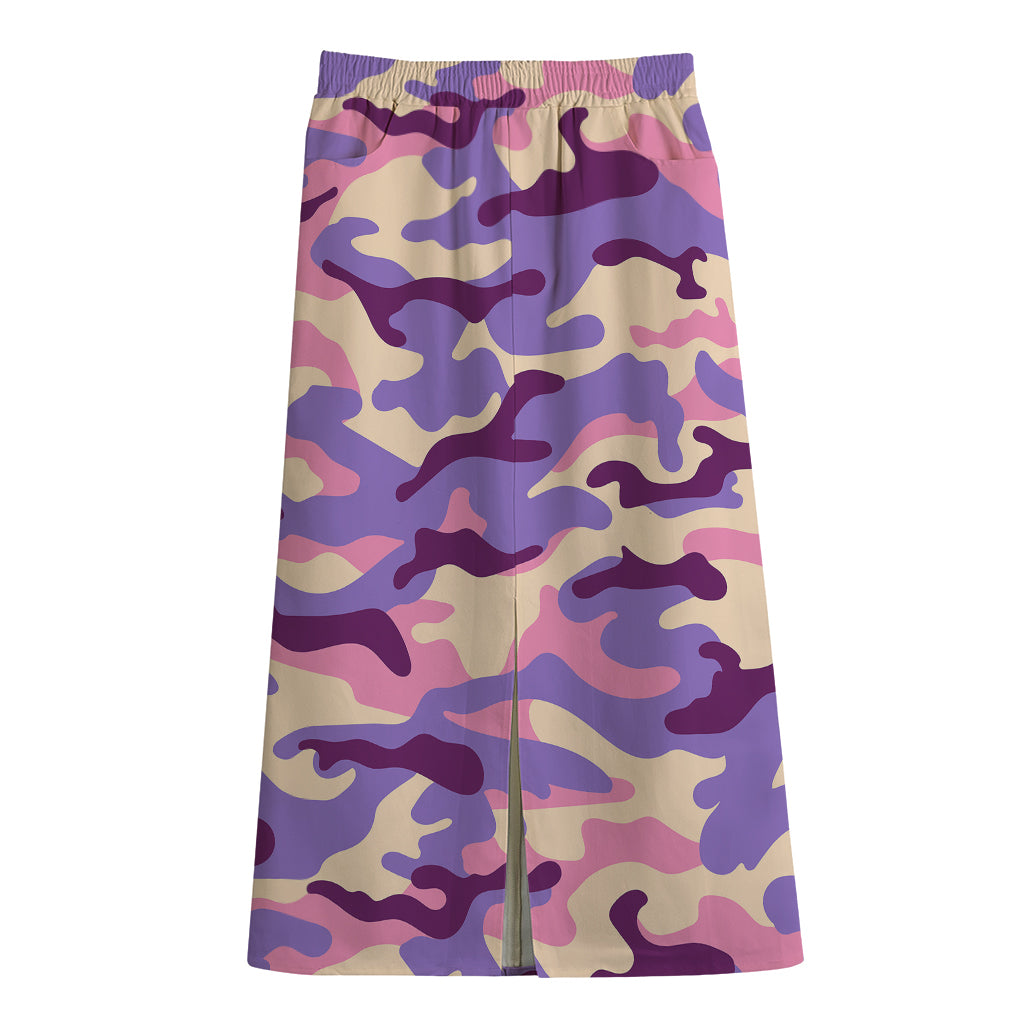 Pastel Purple Camouflage Print Cotton Front Slit Maxi Skirt