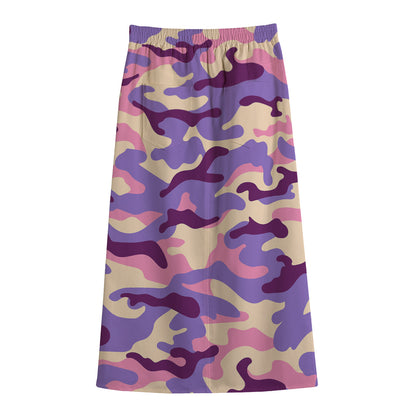 Pastel Purple Camouflage Print Cotton Front Slit Maxi Skirt