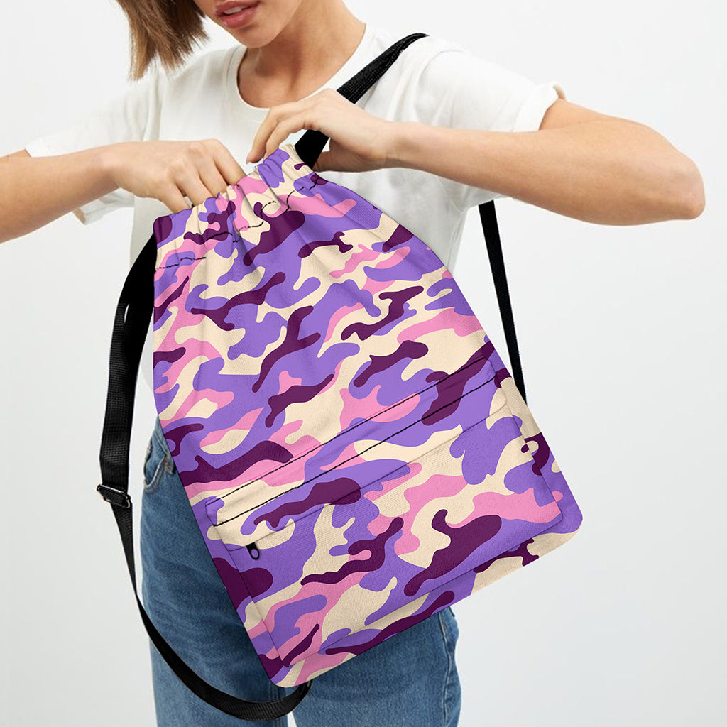 Pastel Purple Camouflage Print Drawstring Backpack