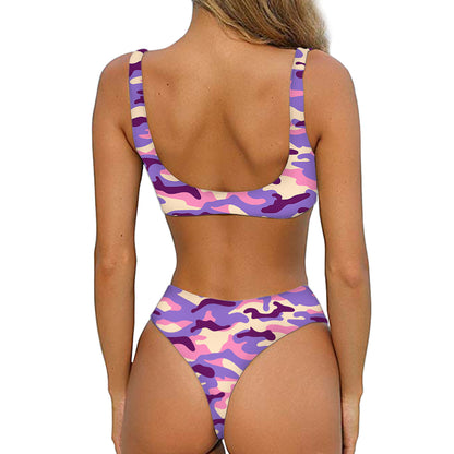 Pastel Purple Camouflage Print Front Bow Tie Bikini