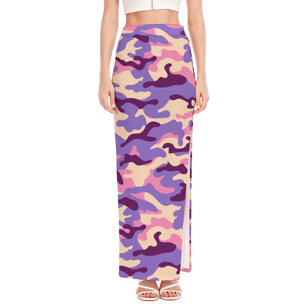 Pastel Purple Camouflage Print High Slit Maxi Skirt
