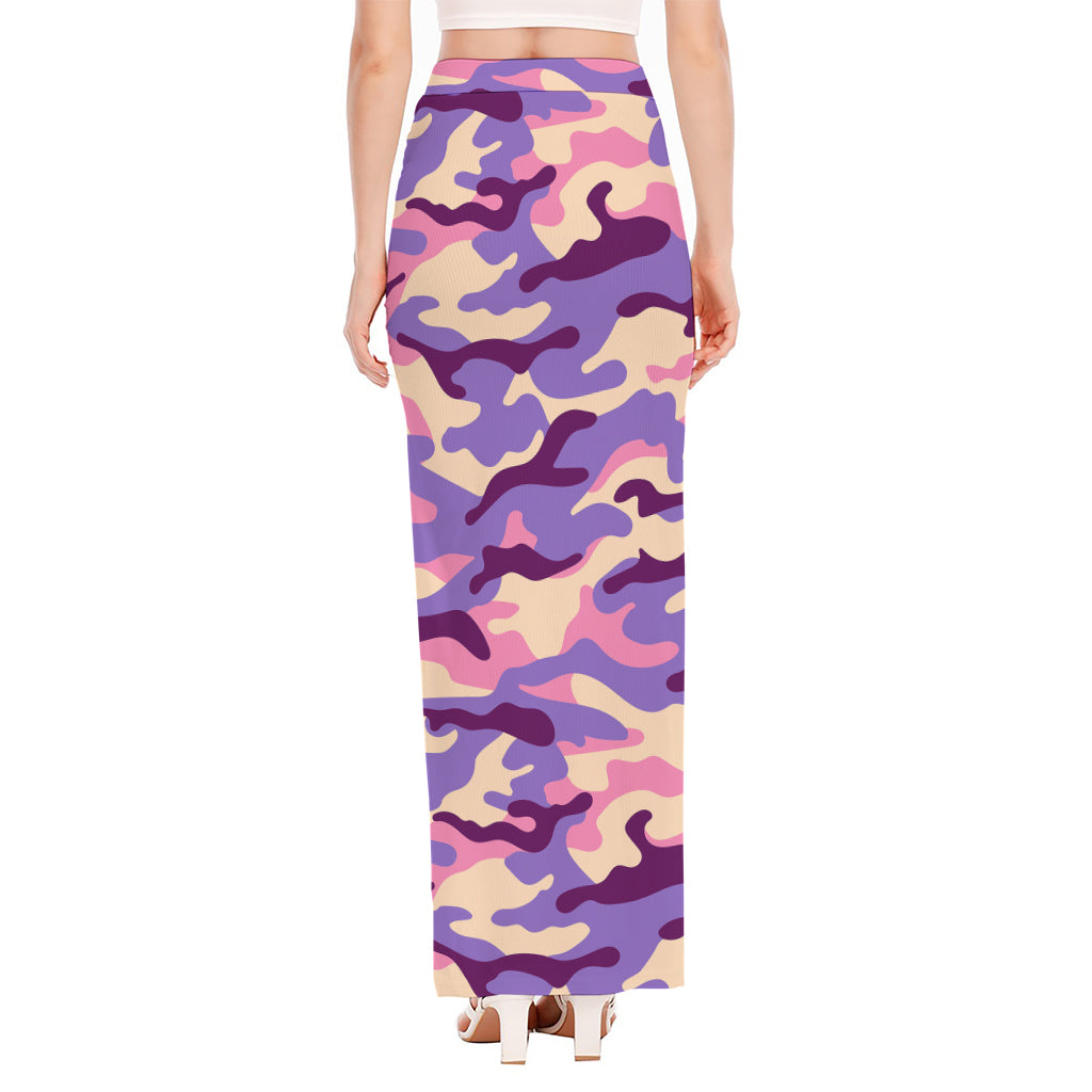 Pastel Purple Camouflage Print High Slit Maxi Skirt