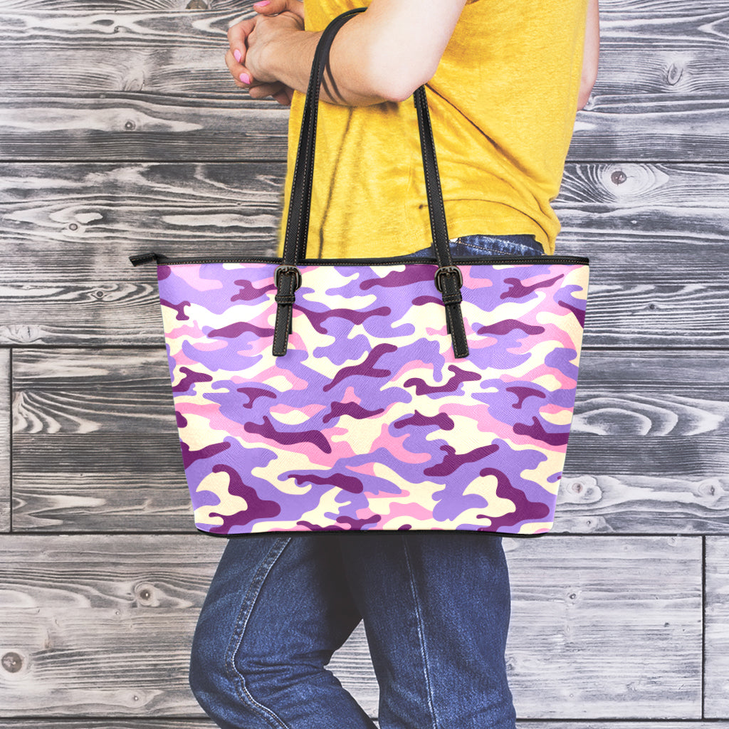 Pastel Purple Camouflage Print Leather Tote Bag