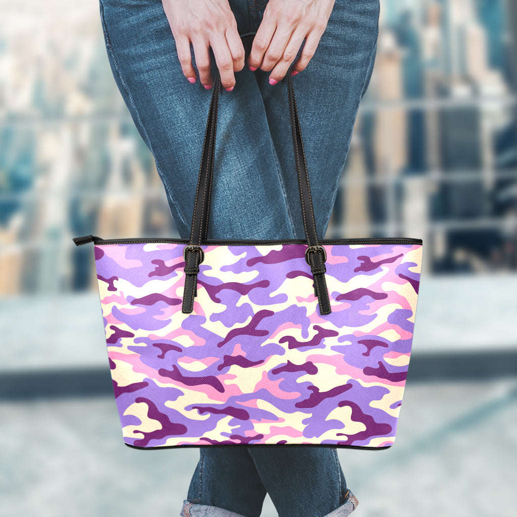 Pastel Purple Camouflage Print Leather Tote Bag