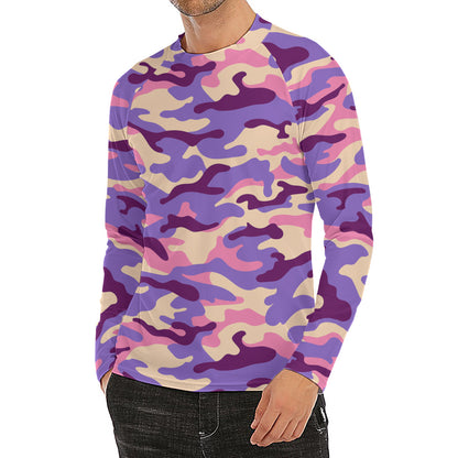 Pastel Purple Camouflage Print Men's Long Sleeve Rash Guard
