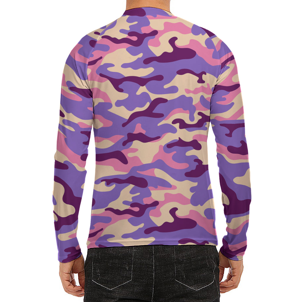 Pastel Purple Camouflage Print Men's Long Sleeve Rash Guard