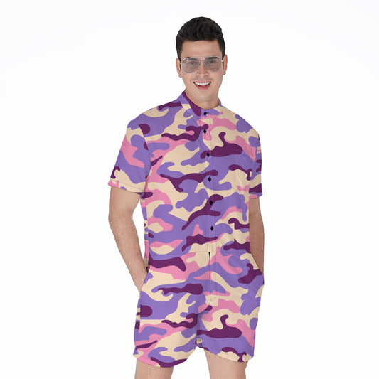 Pastel Purple Camouflage Print Men's Rompers
