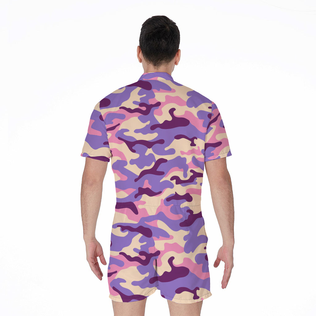 Pastel Purple Camouflage Print Men's Rompers
