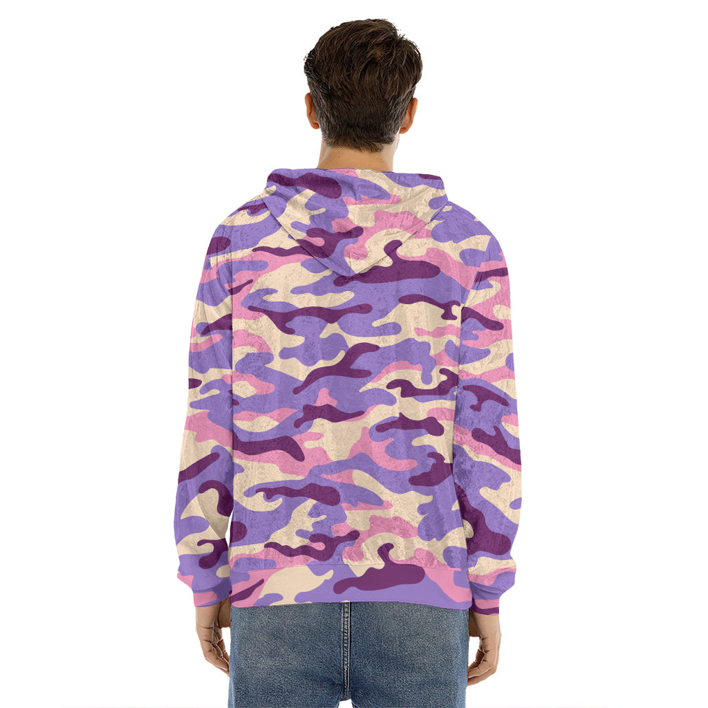 Pastel Purple Camouflage Print Men's Velvet Pullover Hoodie
