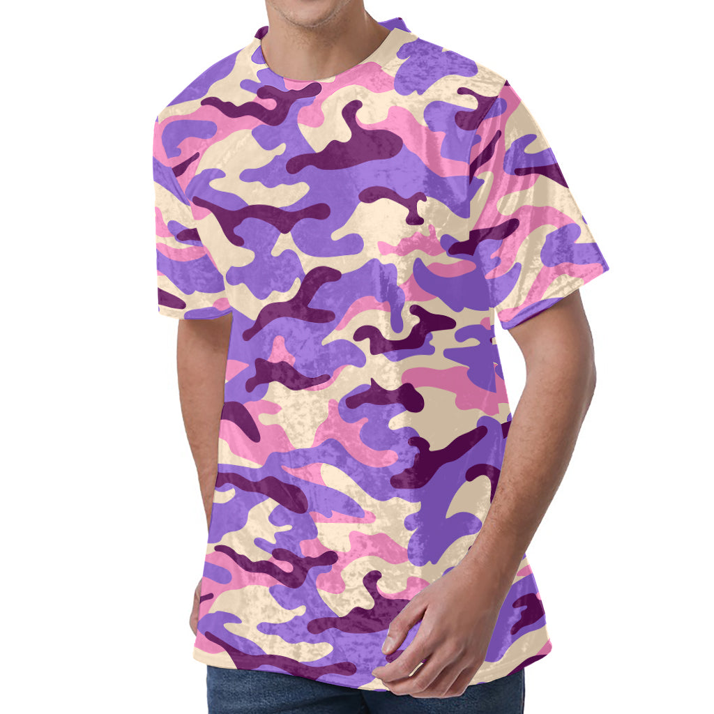 Pastel Purple Camouflage Print Men's Velvet T-Shirt