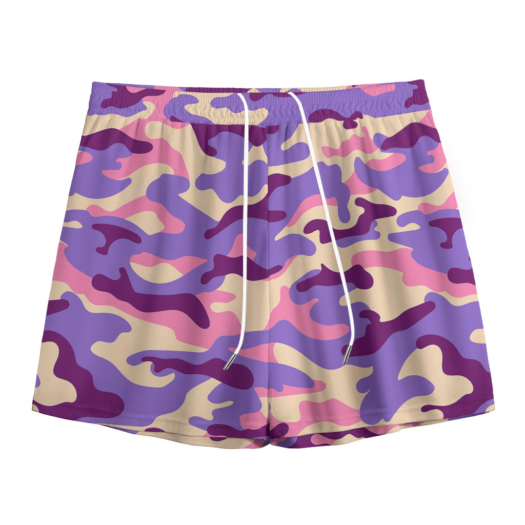 Pastel Purple Camouflage Print Mesh Shorts