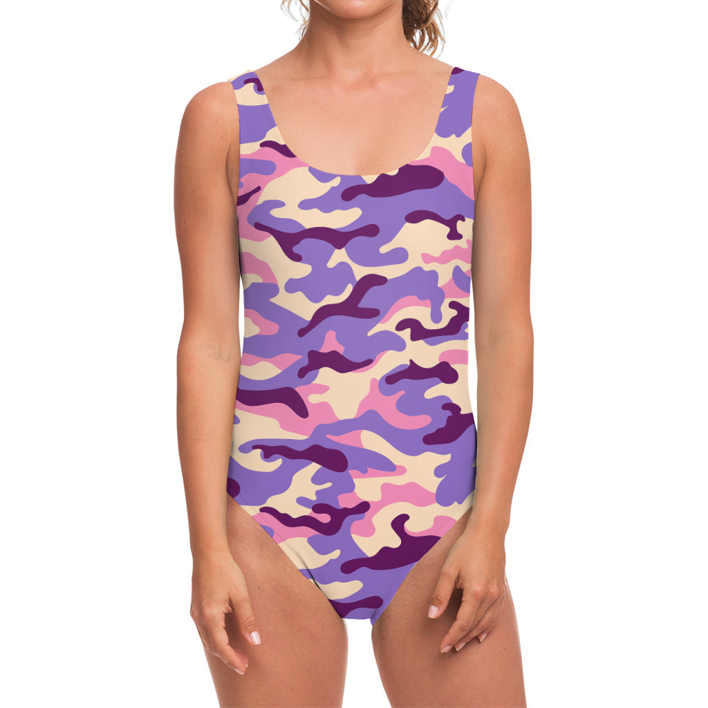 Pastel Purple Camouflage Print One Piece Swimsuit