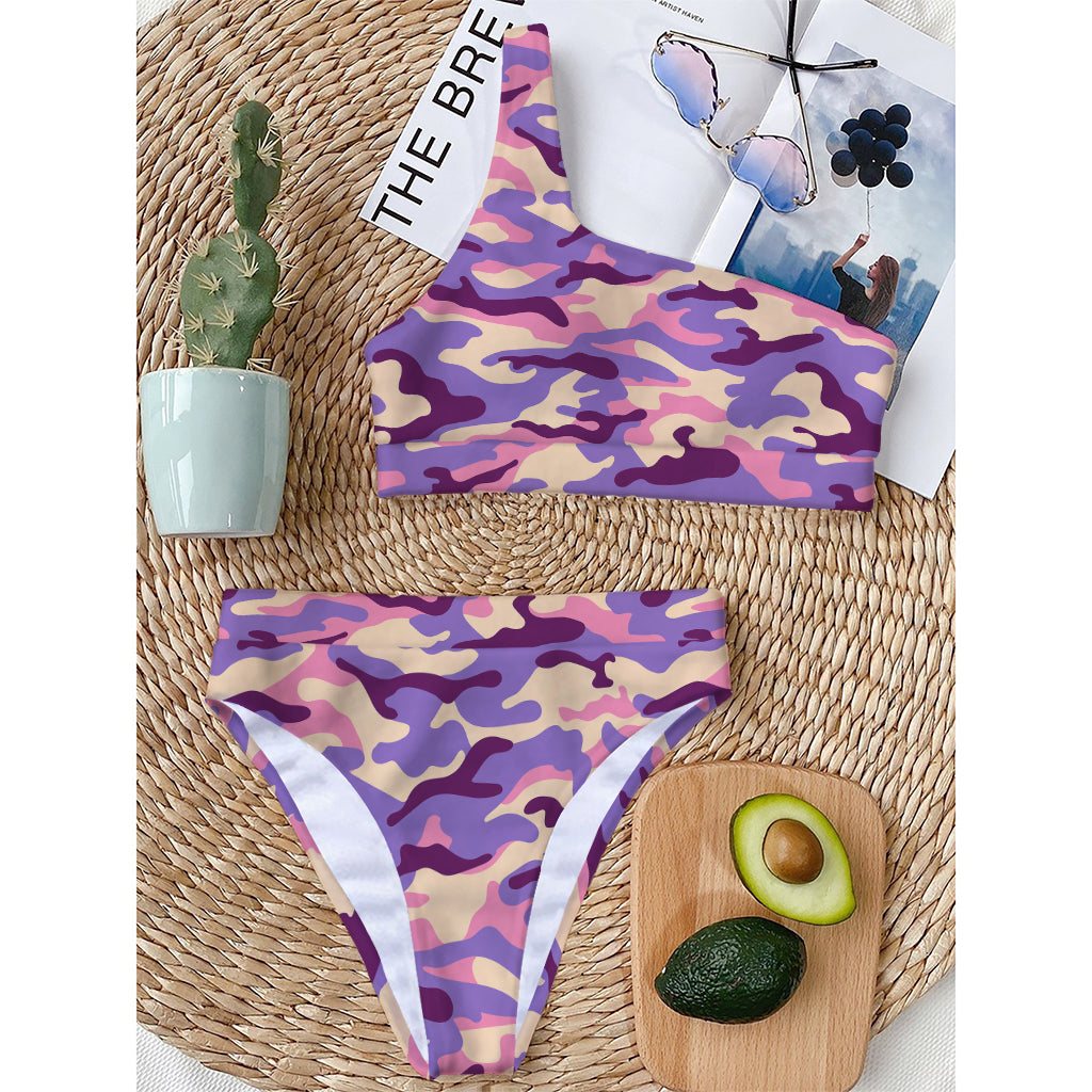 Pastel Purple Camouflage Print One Shoulder Bikini Top