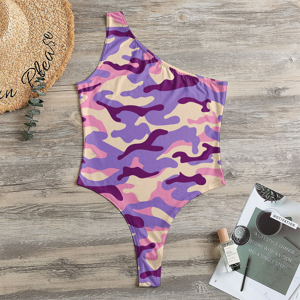 Pastel Purple Camouflage Print One Shoulder Bodysuit