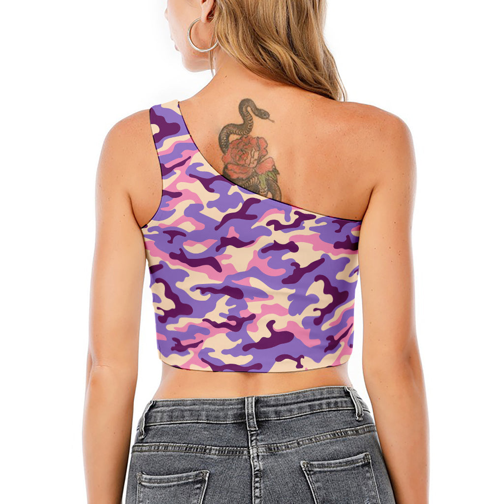Pastel Purple Camouflage Print One Shoulder Crop Top