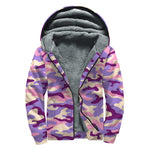 Pastel Purple Camouflage Print Sherpa Lined Zip Up Hoodie