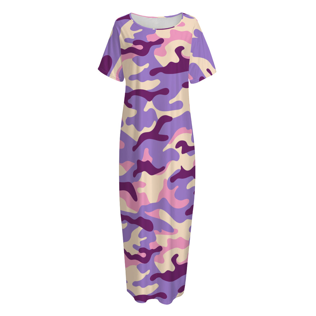 Pastel Purple Camouflage Print Short Sleeve Long Nightdress