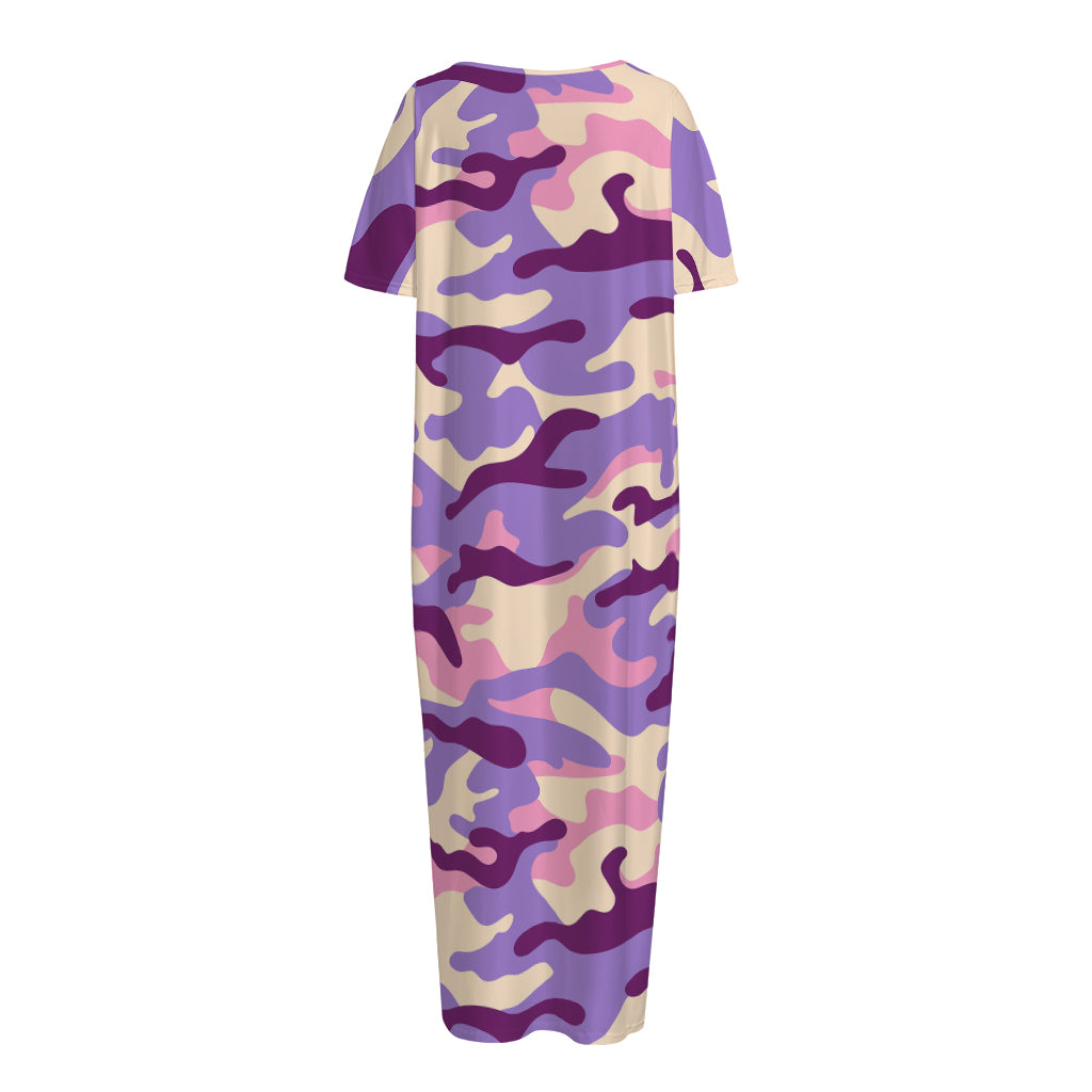 Pastel Purple Camouflage Print Short Sleeve Long Nightdress