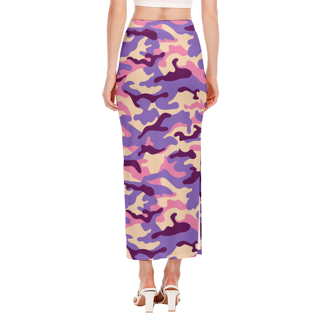 Pastel Purple Camouflage Print Side Slit Maxi Skirt