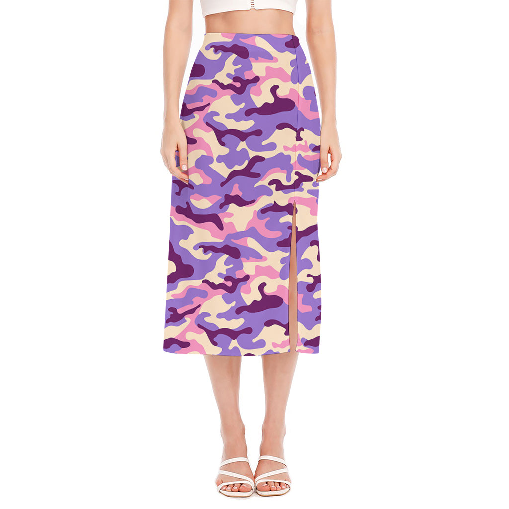 Pastel Purple Camouflage Print Side Slit Midi Skirt